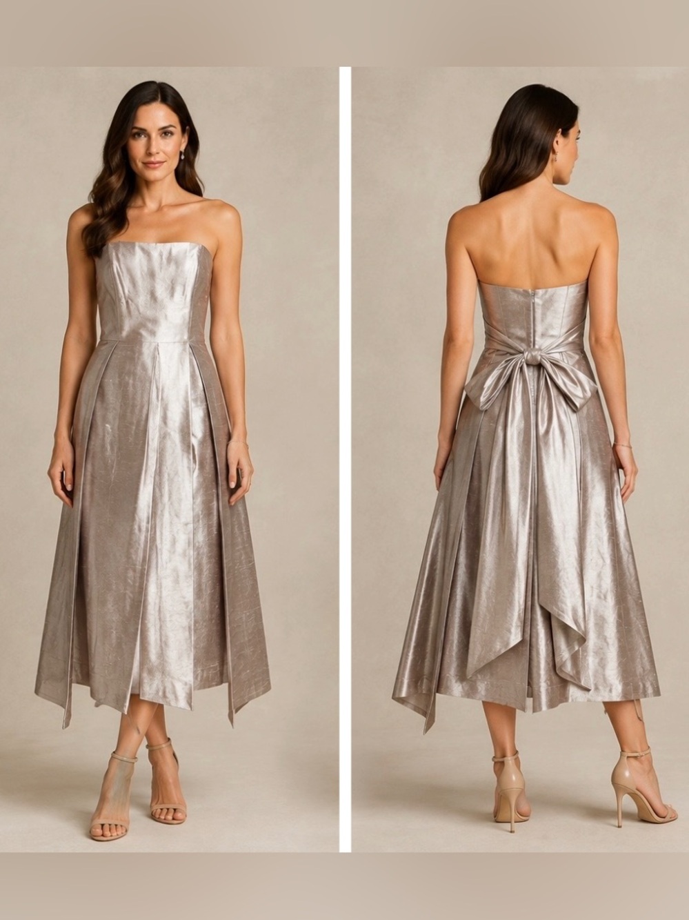 Dessy Collection Silver Pebble Beach 100% Silk Strapless Midi Dress, Size M (8)